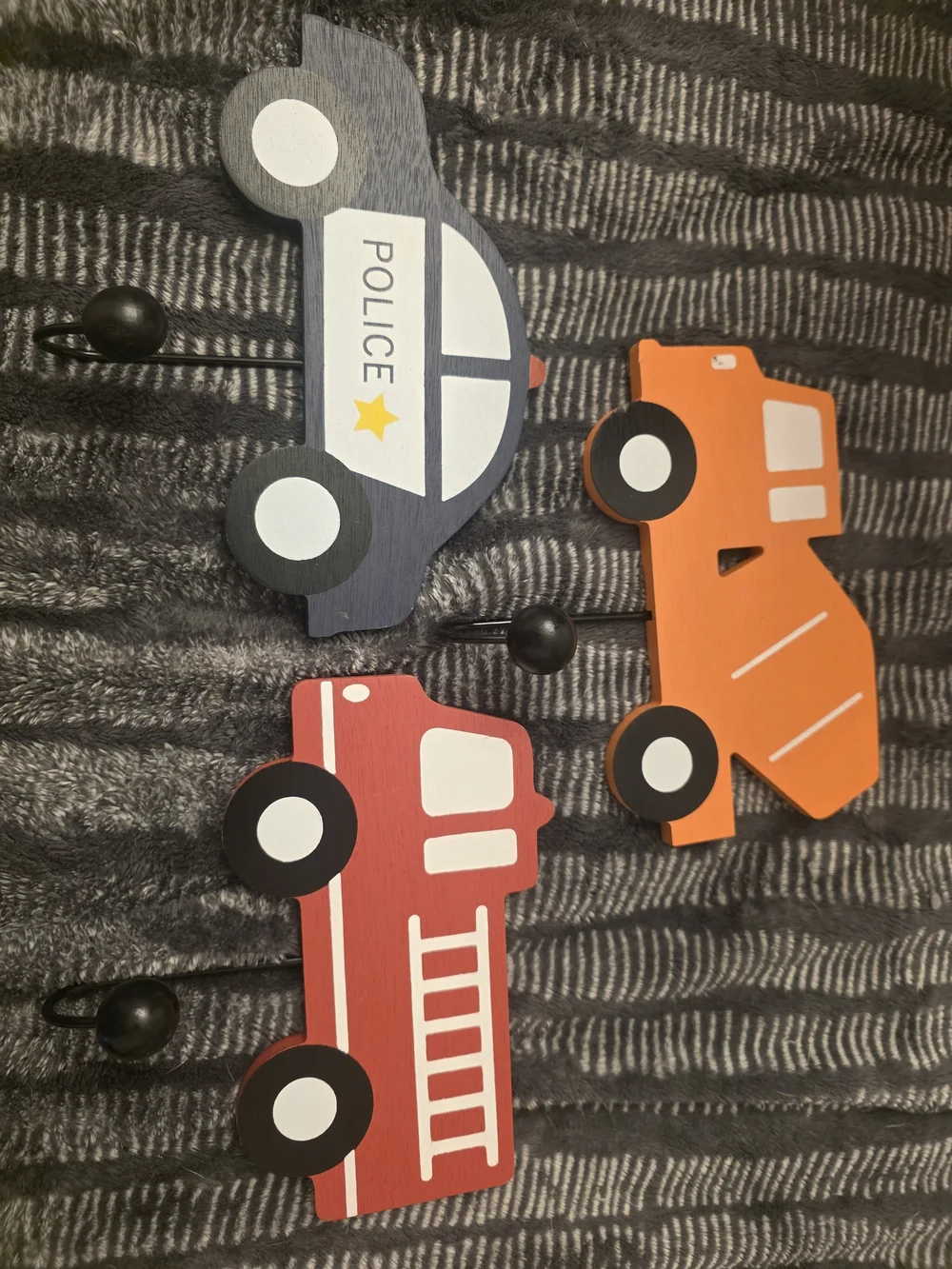 Kids Wooden Vehicle Wall Hooks - Blue Police, Red Fire Truck & Orange Tow Truck